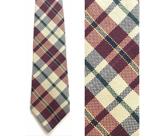 90s Beige Red & Blue Plaid Tie, Plaid Necktie, Co… - image 1