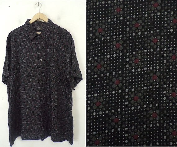 Vintage Black White & Red Print Shirt Mens XXL, Ge