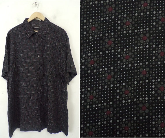 Vintage Mens Print Shirt, Black White & Red Print… - image 1