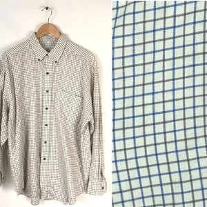 Vintage Mens Plaid Shirt, 90s Izod Cream Blue & Gray Plaid Button Down Shirt Size Large, Preppy Plaid Button Down Shirt, Plaid Mens Shirt image 1