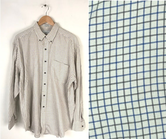 Vintage Mens Plaid Shirt, 90s Izod Cream Blue & G… - image 1