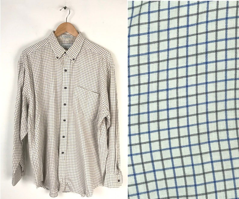 Vintage Mens Plaid Shirt, 90s Izod Cream Blue & Gray Plaid Button Down Shirt Size Large, Preppy Plaid Button Down Shirt, Plaid Mens Shirt image 1