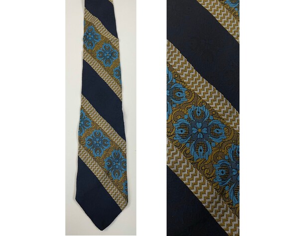 80s Black Gold & Bright Blue Abstract Striped Tie… - image 1