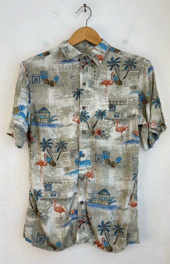 Vintage Flamingo Palm Tree Hawaiian Shirt Mens Sm… - image 2