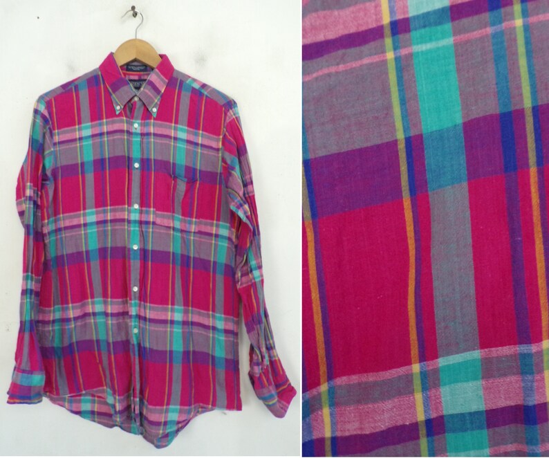 Vintage Hot Pink & Teal Plaid Button Down Shirt Mens Medium | Etsy