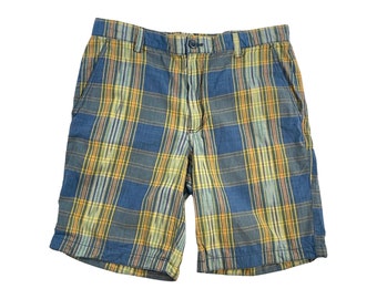 Vintage Mens Plaid Shorts, Blue Yellow & Green Plaid Shorts Size 32 Waist, 1990s Preppy Colorful Summer Shorts, Mens Plaid Shorts