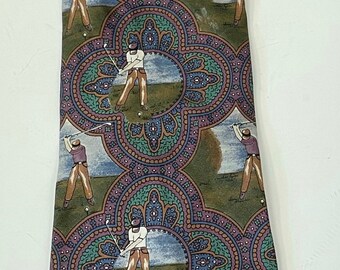 Corbata de golf vintage para hombre, corbata novedosa con estampado paisley de paisaje de golf, corbata de golf preppy con estampado paisley colorido, regalo para el Día del Padre para golfistas