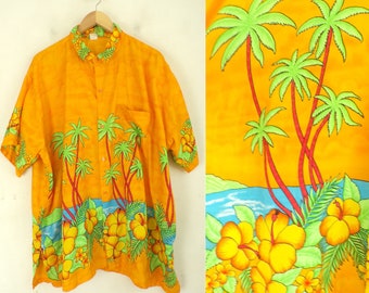 Camisa hawaiana vintage para hombre, camisa amarilla brillante con palmeras, talla XXL, estampado llamativo, estilo tropical hawaiano, brillante, palmeras, verano, playa, años 80.