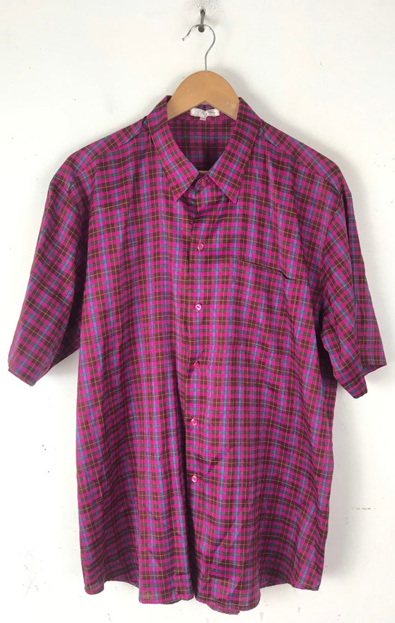 Vintage Mens Plaid Shirt, Hot Pink & Blue Plaid B… - image 2