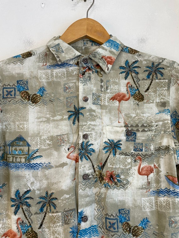 Vintage Flamingo Palm Tree Hawaiian Shirt Mens Sm… - image 3