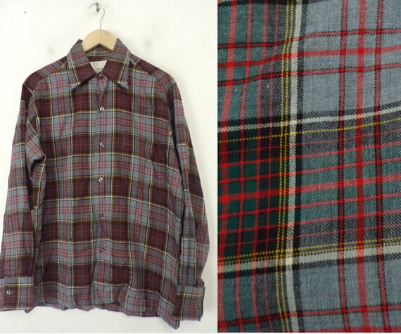 80s Gray Red Green & Yellow Plaid Shirt Medium, W… - image 1