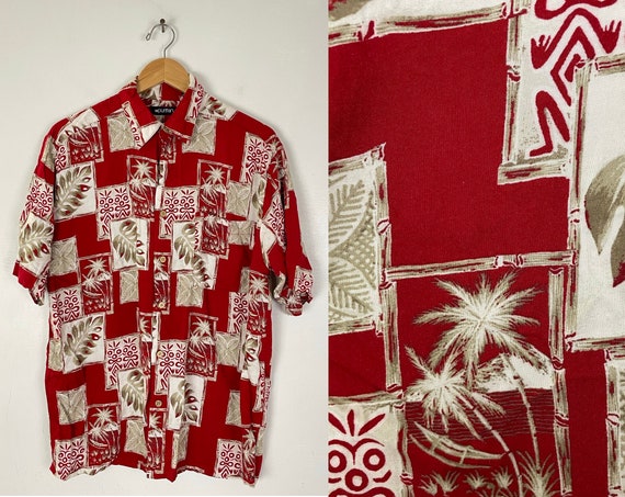 90s Red & Brown Leaf Palm Tree Hawaiian Shirt Men… - image 1