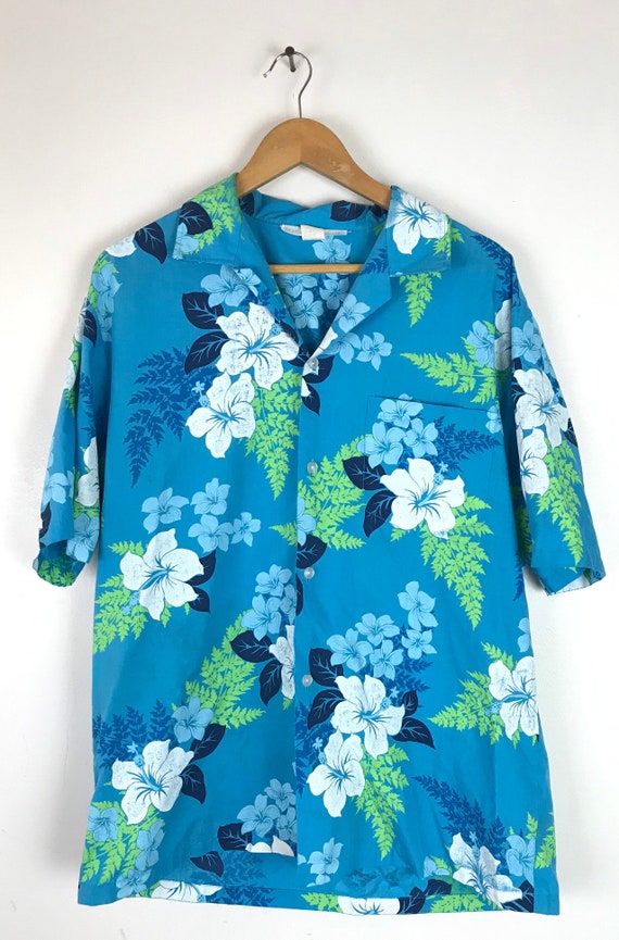 Vintage Blue Green & White Floral Hawaiian Shirt … - image 2