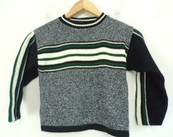 Vintage Boys Sweater,  Black White & Green Striped Small 4, Stripe Sweater, Crew Neck Sweater, Winter Sweater, Classic, Preppy, Stripes, 90s