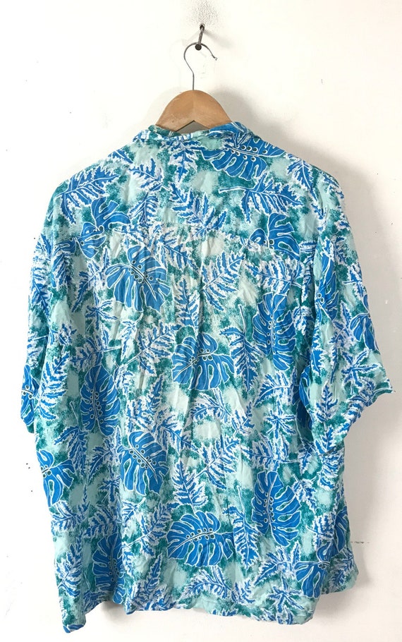 Vintage Mens Hawaiian Shirt, 90s Blue & Green Lea… - image 5