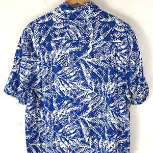 Vintage Mens Silk Hawaiian Shirt , 1990s Blue & White Print Shirt Mens XL, Blue Abstract Shirt, Beach Summer Tropical Shirt, Print Hawaiian image 5