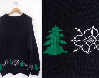Vintage Mens Christmas Sweater, Mens Tree Snowflake Sweater XL, Black Sweater, Ugly Christmas, Snowflake, Winter, Holiday Sweater, 90s