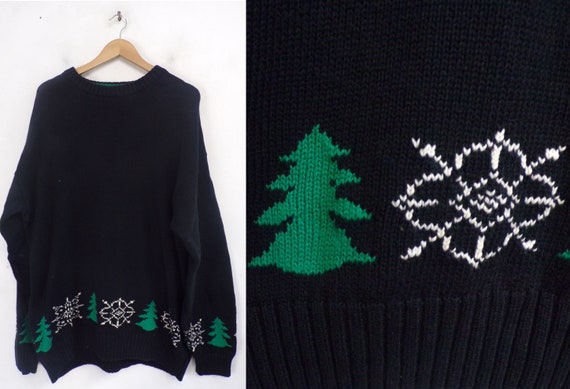 Vintage Mens Christmas Sweater, Mens Tree Snowfla… - image 1