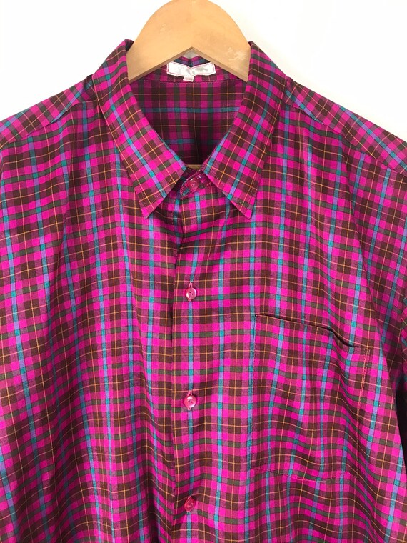 Vintage Mens Plaid Shirt, Hot Pink & Blue Plaid B… - image 3