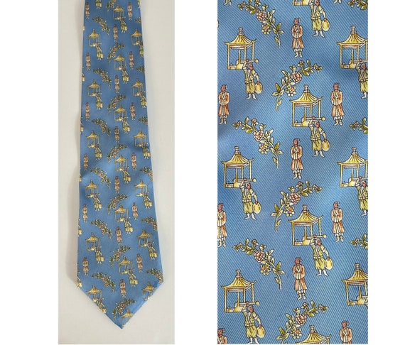 Vintage Japanese Print Necktie, 90s Light Blue Ja… - image 1