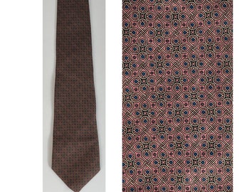 Vintage Etienne Aigner Light Red Geometric Tie, Red Blue Brown Geometric Print Necktie, Classic Dressy Work Formal Event Mens Tie