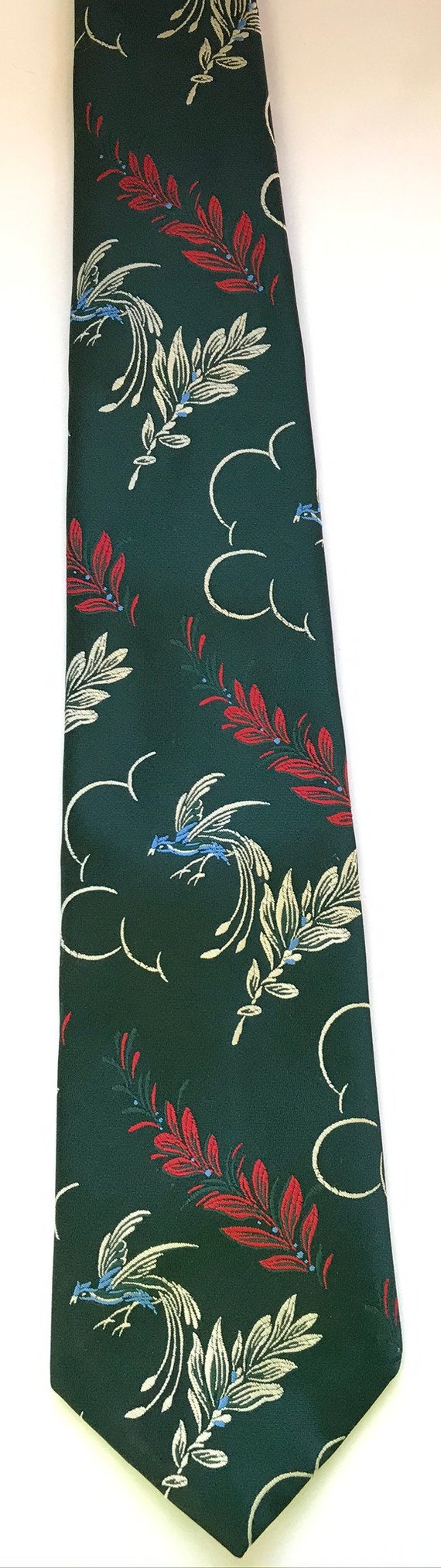 70s Floral Birds Tie, Green Red & White Flowered … - image 2