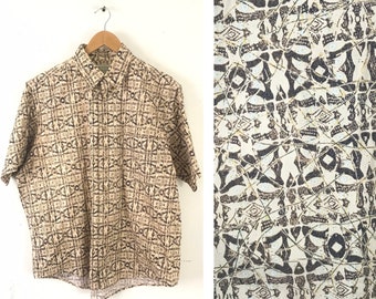 Vintage Mens Abstract Print Shirt , 90sButton Down Shirt Large, Tan & Brown Retro Print Shirt, Brown Abstract Funky Print Button Front Shirt