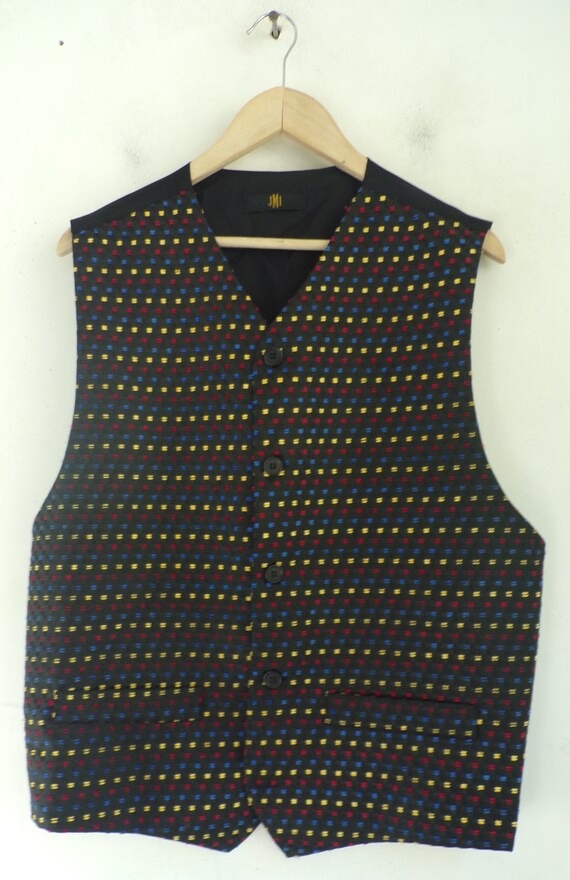 Vintage Black Yellow Blue Red Print Formal Vest M… - image 2