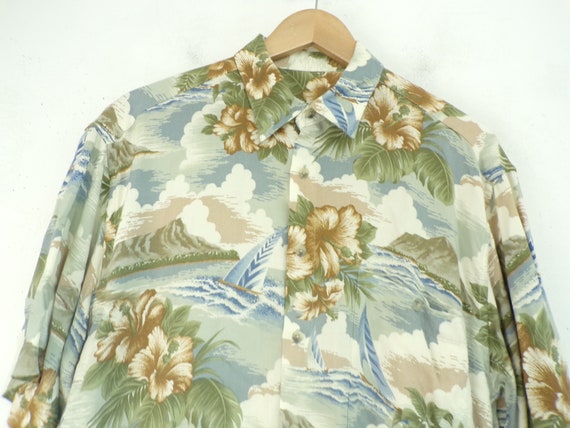 Vintage Mens Sailboat Hawaiian Shirt, 1990s Tan B… - image 3