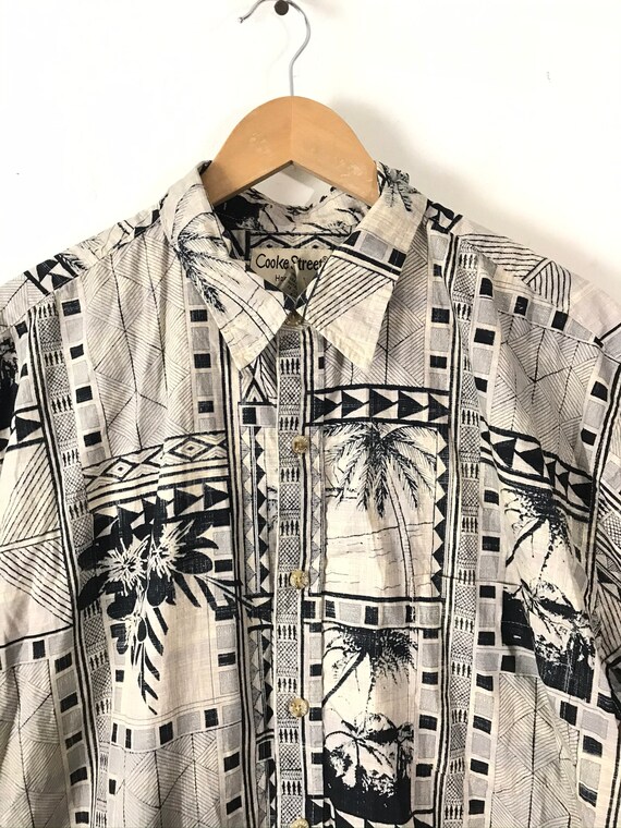 Vintage Mens Hawaiian Shirt, Cream & Black Palm T… - image 3