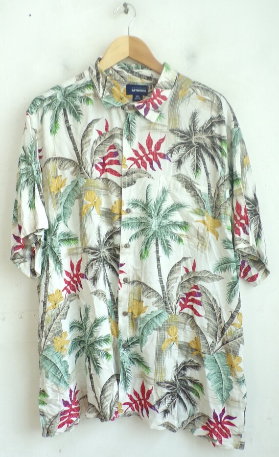 Vintage Mens Hawaiian Shirt, 1990s White Green & … - image 2