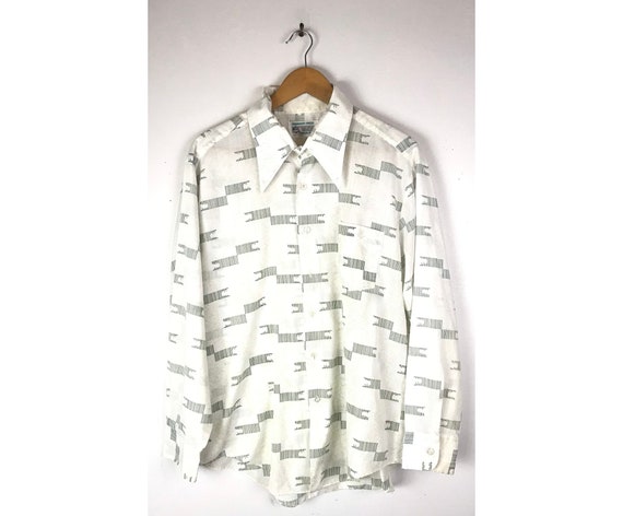 70s Kmart White & Green Print Disco Shirt Mens Siz