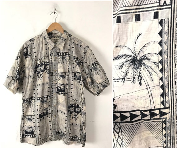 Vintage Mens Hawaiian Shirt, Cream & Black Palm T… - image 1