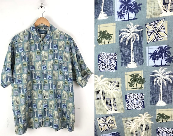 90s Blue & Green Palm Tree Print Hawaiian Shirt M… - image 1