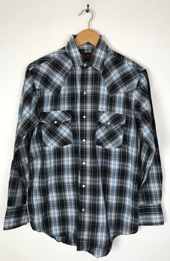 Vintage Black & Blue Plaid Western Shirt Mens Sma… - image 2