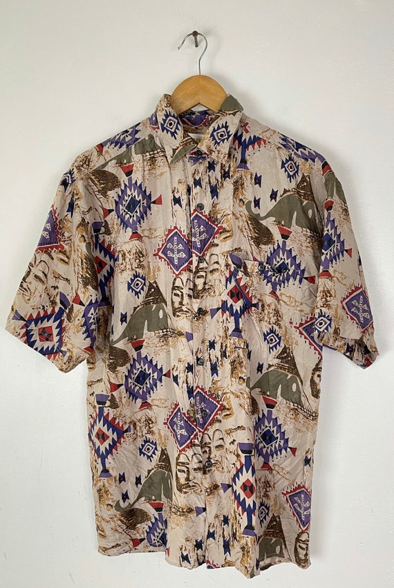 Vintage Brown Aztec Print Silk Button Down Shirt … - image 2