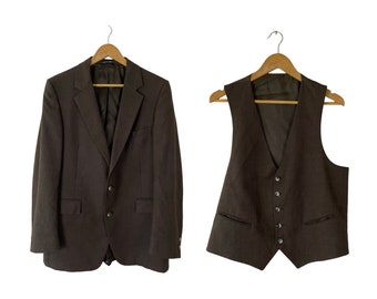 Jaren 70 wollen kostuumset met krijtstreep, vintage bruin blazervest, maat 42
