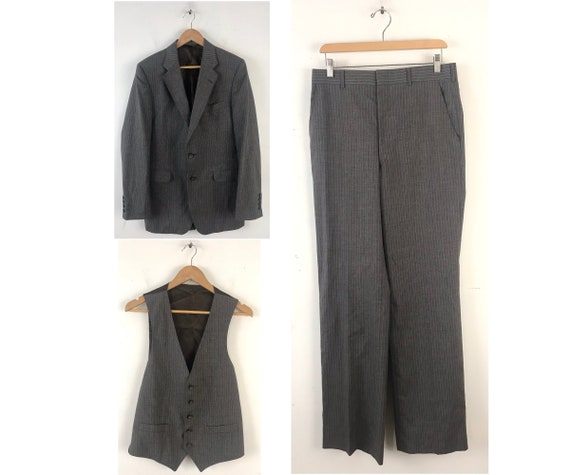 80s Brown Pinstriped Three Piece Suit Mens Size 36