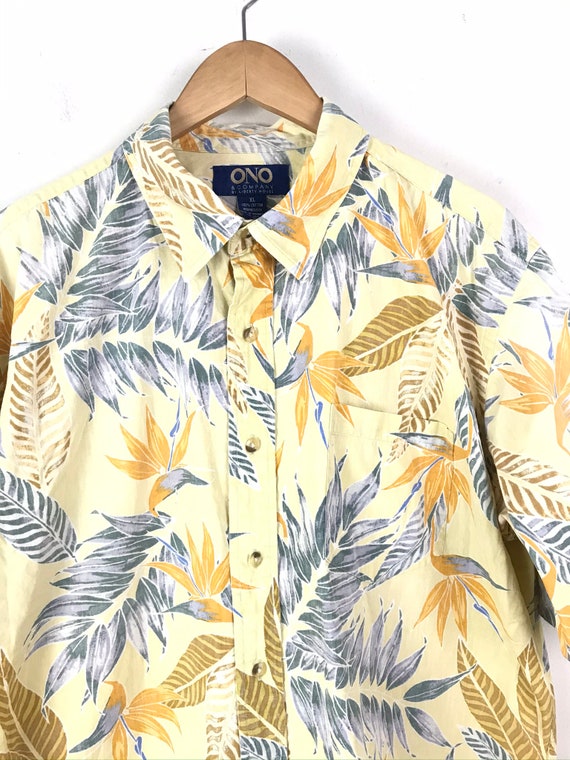 Vintage Yellow & Blue Leaf Print Hawaiian Shirt M… - image 3