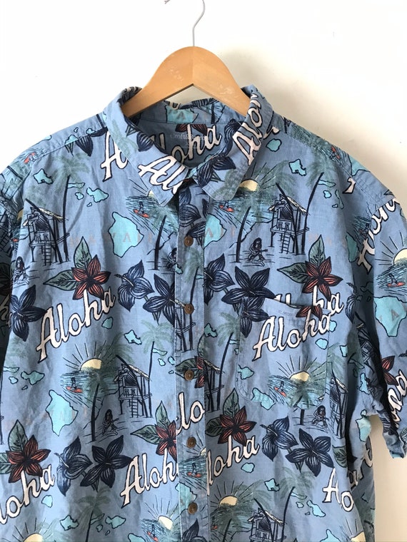 Vintage Mens Aloha Hawaiian Shirt, 90s Blue Beach… - image 3