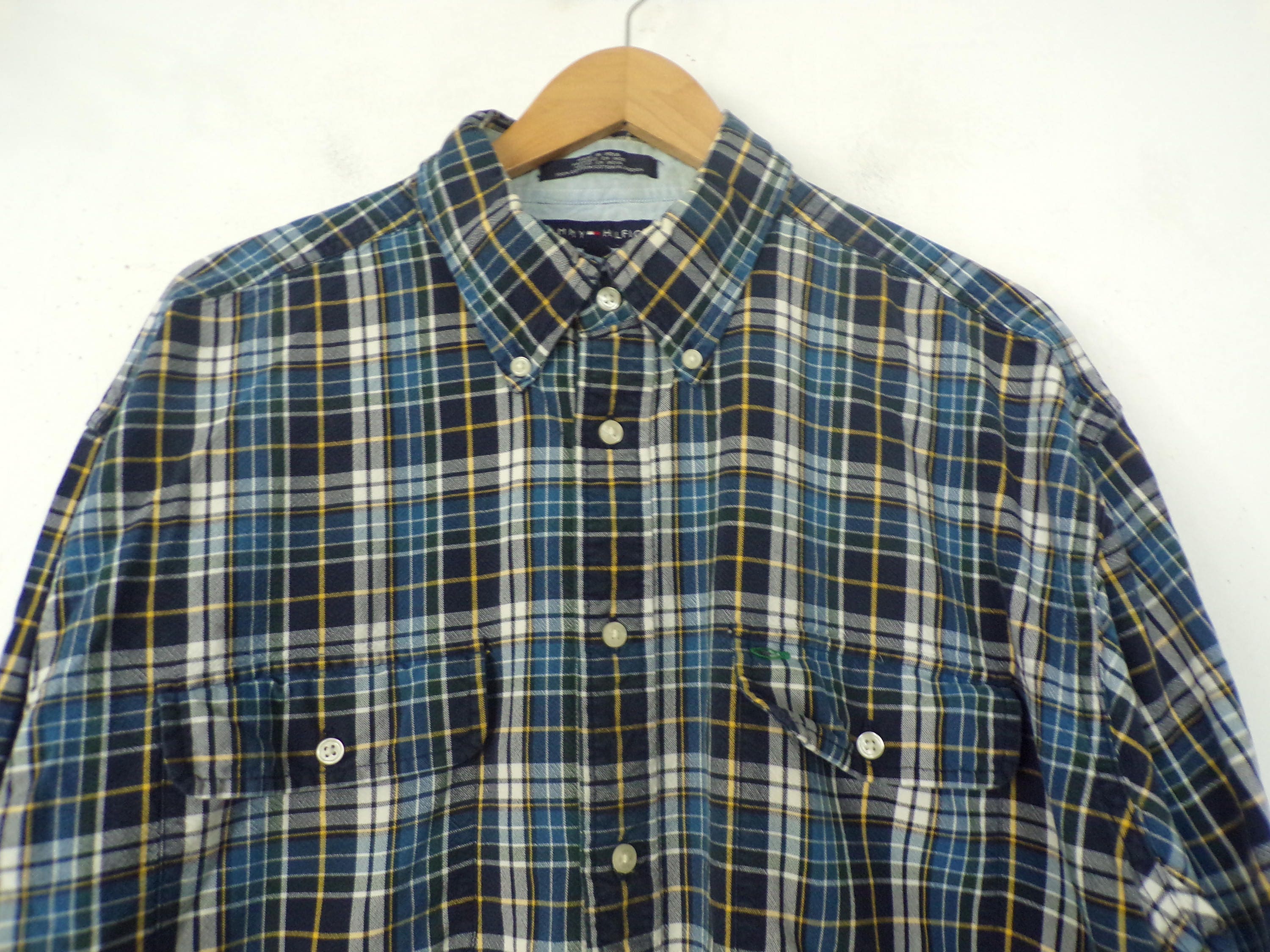Vintage Mens Tommy Shirt, 1990s Hilfiger Blue Plaid Shirt Mens Size XL ...