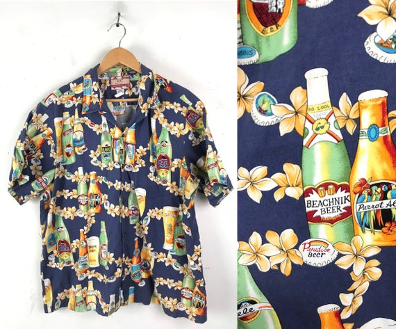 Vintage Mens Beer Hawaiian Shirt, Floral Beer Ale… - image 1