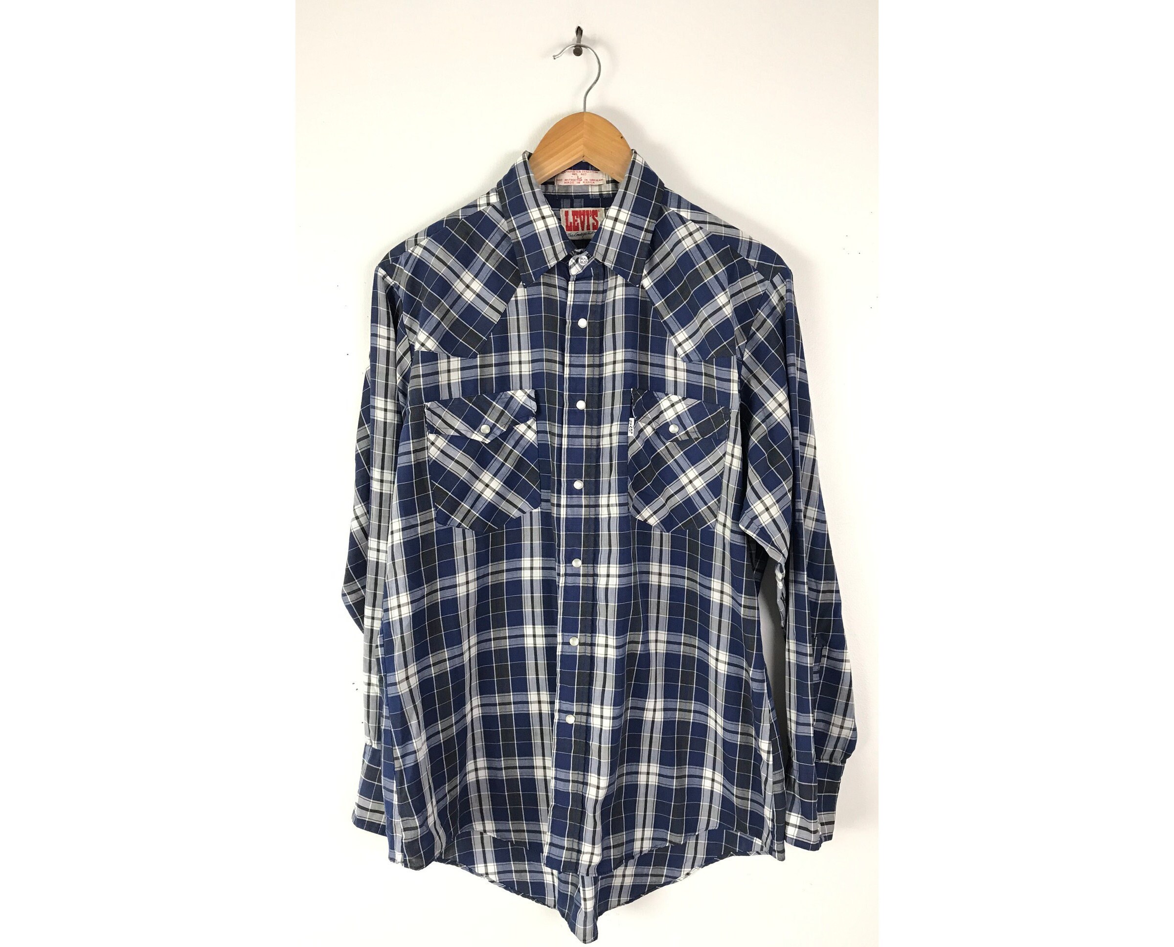 Vintage Levis Blue Black & White Plaid Western Shirt Mens Large