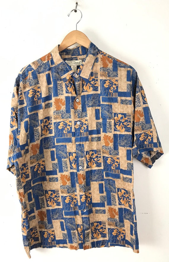 90'sビンテージ古着！TORI RICHARD パイナップル刺繍 シルクシャツ 90s Tori Richard Blue Brown & Orange Leaf Print Hawaiian Shirt