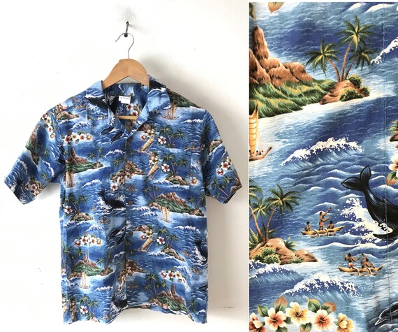 90s Island Whale Print Hawaiian Shirt Boys Size 16