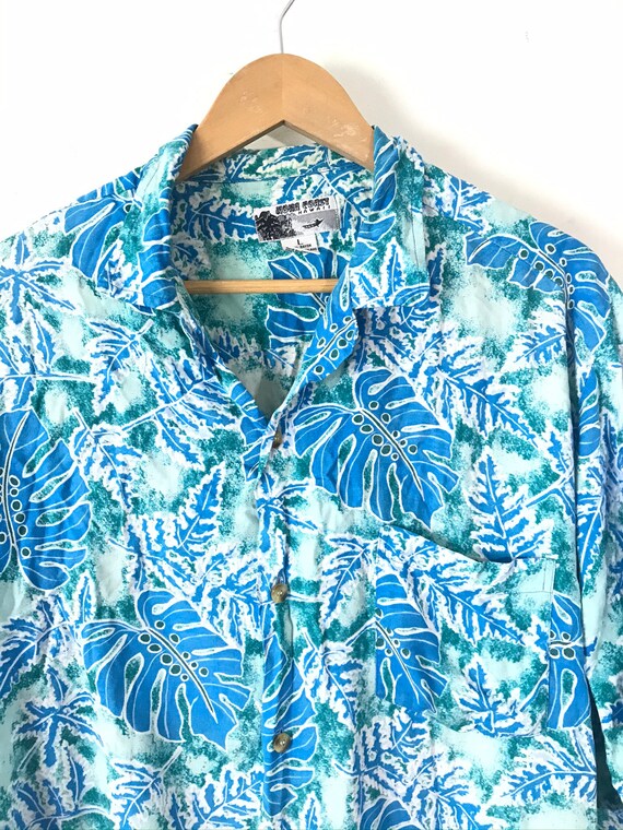 Vintage Mens Hawaiian Shirt, 90s Blue & Green Lea… - image 3