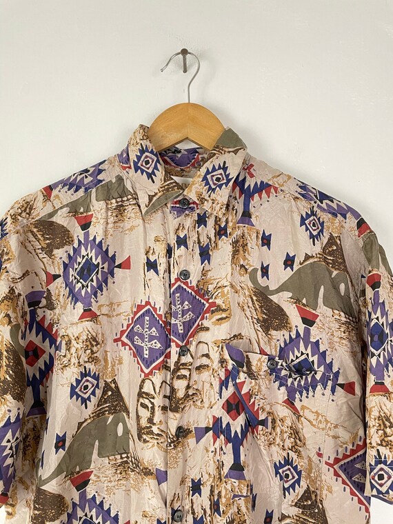 Vintage Brown Aztec Print Silk Button Down Shirt … - image 3