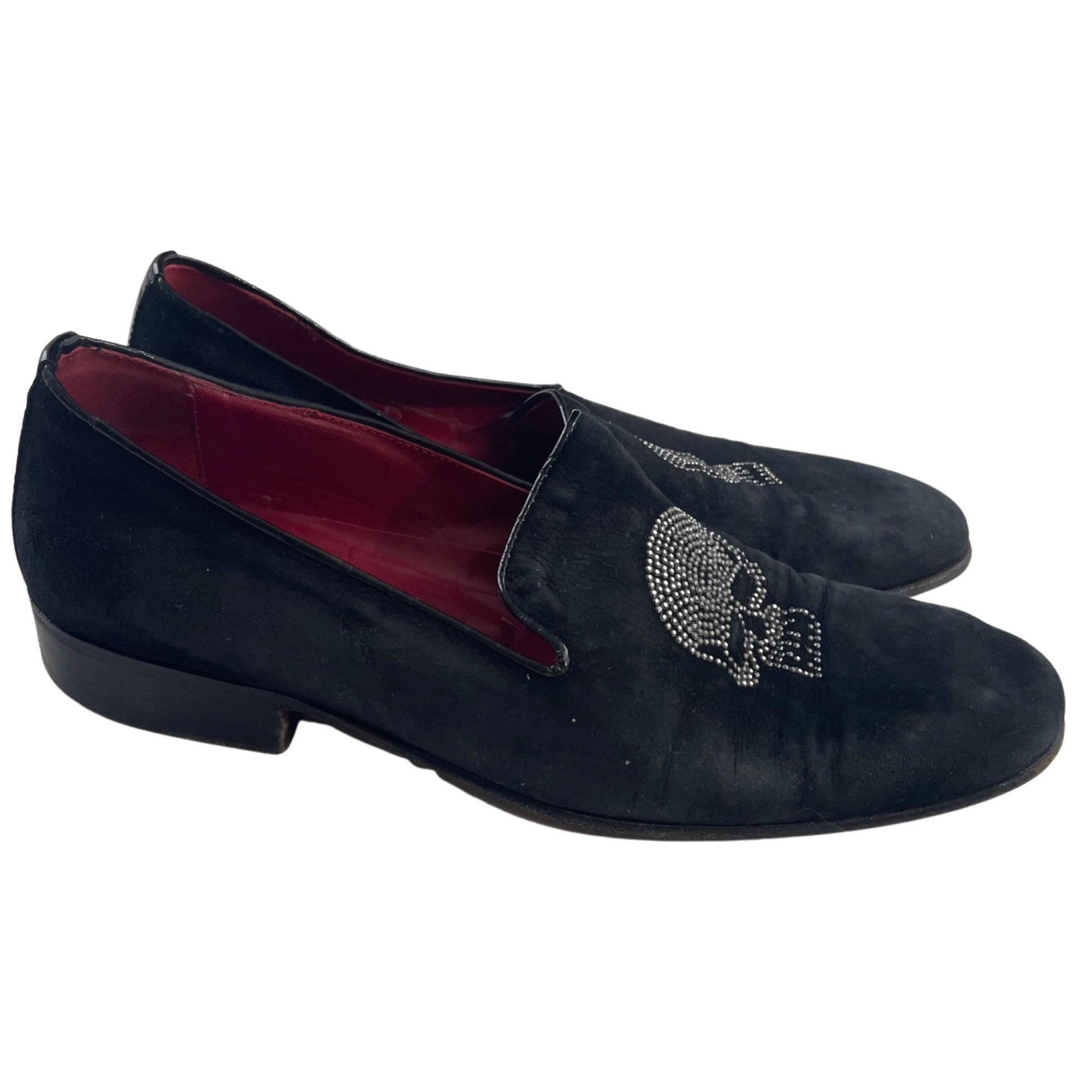 Black Skull-Print Men\'s Slip-On Loafers Vintage Black Skull Head Loafers Mens Size 8, Silver Beaded  main image 2
