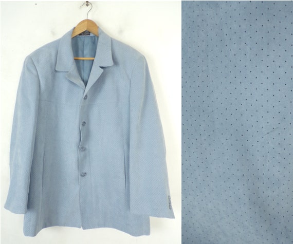 70s Light Blue Textured Blazer Mens 42R, Pin Holes