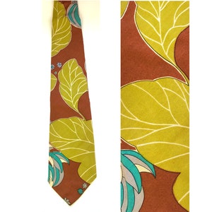 70s Brown Lime Green & Teal Floral Leaf Print Tie, Vintage Retro Print Wide Necktie, Colorful Hipster Preppy Flowered Leaf Print Tie